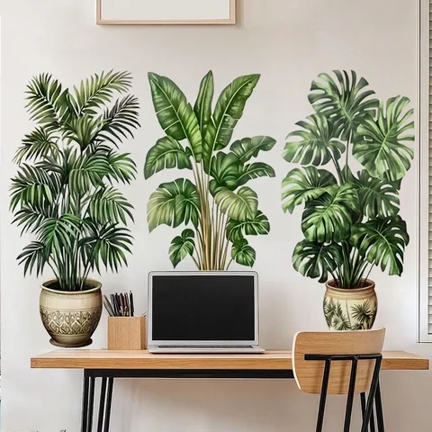 Tropical Green Plants Potted Wall Stickers PVC Self Adhesive Leaves Butterfly Home Decor For Living Room Bedroom