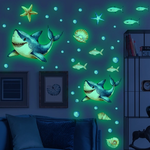 Autocollants Muraux Animaux Marins Lumineux PVC Brillant Dans Le Noir Requin Poisson Tropical Décor Aquarelle Pour Enfants