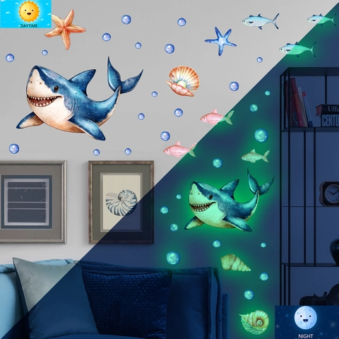 Autocollants Muraux Animaux Marins Lumineux PVC Brillant Dans Le Noir Requin Poisson Tropical Décor Aquarelle Pour Enfants