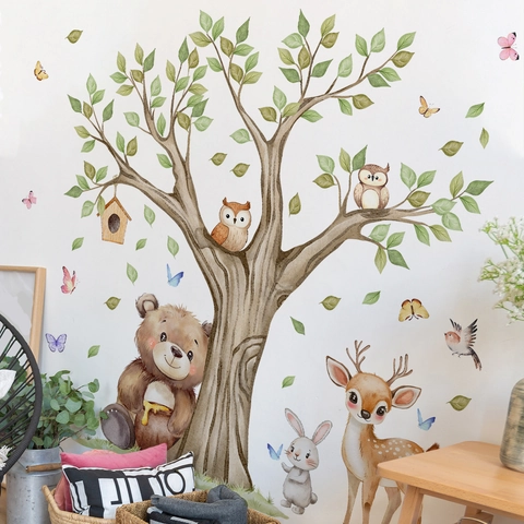Stickers Muraux Animaux De La Forêt PVC Amovibles Aquarelle Arbre Ours Cerf Lapin Décoration Chambre Enfant