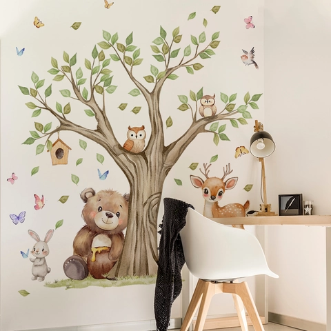 Stickers Muraux Animaux De La Forêt PVC Amovibles Aquarelle Arbre Ours Cerf Lapin Décoration Chambre Enfant