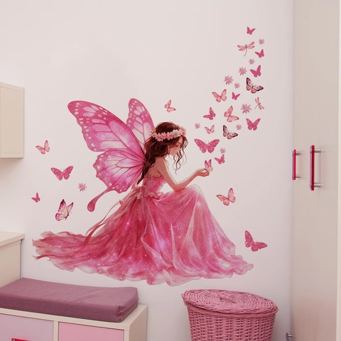 Adesivo Da Parete Fata Farfalla Rosa Ragazza PVC Rimovibile Autoadesivo Per Camera Da Letto Soggiorno Arredo