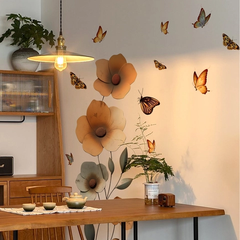 Stickers Muraux Rétro Fleurs Papillons PVC Autocollant Amovible Décalcomanies Décoratives Pour Salon Chambre