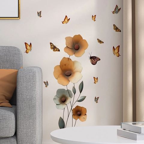 Stickers Muraux Rétro Fleurs Papillons PVC Autocollant Amovible Décalcomanies Décoratives Pour Salon Chambre
