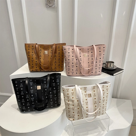 Moda Donna Grande Capacità Borsa Tote in Pelle PU Con Stampa Monogramma Orsetto Cartone Animato Borsa a Tracolla Casual per Lavoro Scuola