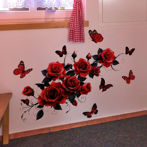 Rote Rose Schmetterling Wandaufkleber PVC Selbstklebend Abnehmbar Blumen Wandbild Dekor Für Wohnzimmer Schlafzimmer Kunst