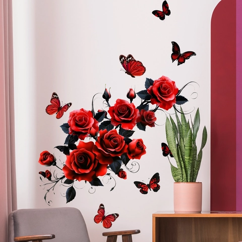 Rose Blume Schmetterling Wandaufkleber PVC Abnehmbare Florale Wandtattoo Für Wohnzimmer Schlafzimmer Badezimmer Haus Deko