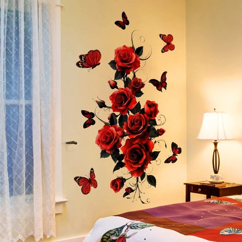 Rote Rose Schmetterling Wandaufkleber PVC Selbstklebend Abnehmbar Blumen Wandbild Dekor Für Wohnzimmer Schlafzimmer Kunst