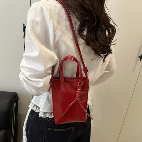 Borsa Tote Mini da Donna in Pelle PU Minimalista Stile Urbano Borsa a Mano con Nodo Tracolla Porta Cellulare