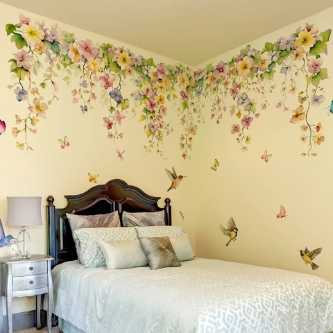 Aquarell Blumen Rebe Kolibri Schmetterling Wandaufkleber Selbstklebende PVC Dekor Für Schlafzimmer Wohnzimmer Hintergrund Deko