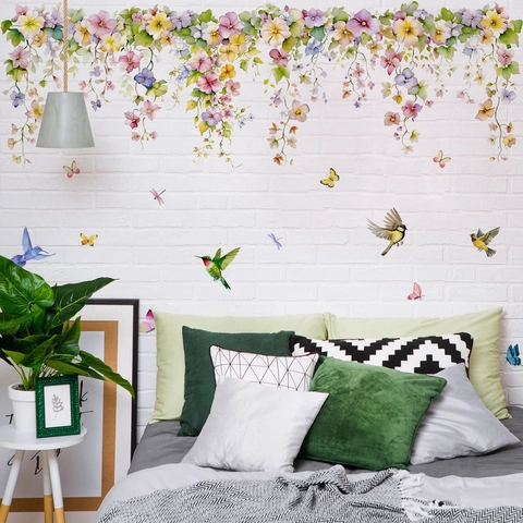 Aquarell Blumen Rebe Kolibri Schmetterling Wandaufkleber Selbstklebende PVC Dekor Für Schlafzimmer Wohnzimmer Hintergrund Deko