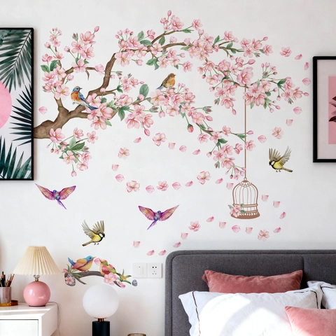 Stickers Muraux Branches De Cerisier Rose Et Oiseaux Cage À Oiseaux PVC Autocollants Pour Chambre Salon Décor