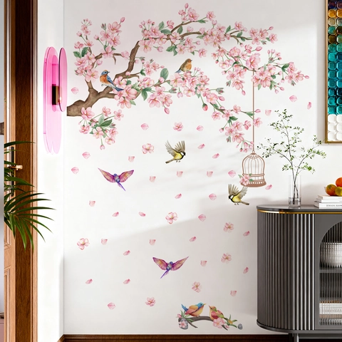 Stickers Muraux Branches De Cerisier Rose Et Oiseaux Cage À Oiseaux PVC Autocollants Pour Chambre Salon Décor