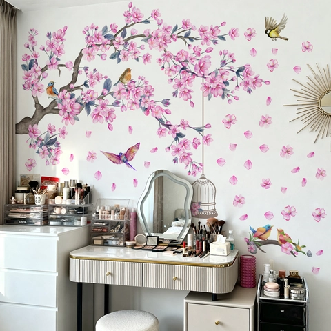 Modern PVC Pink Cherry Blossom Branch and Birds Wall Sticker Creative Watercolor Flower Birdcage Decal For Home Bedroom Decor