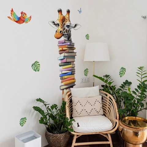 Sticker Mural Girafe Dessin Animé Livres Empilés Imperméable PVC Amovible Décoration Chambre Enfant Salon