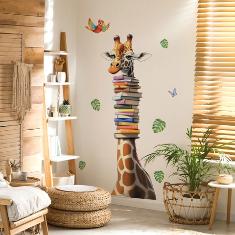 Sticker Mural Girafe Dessin Animé Livres Empilés Imperméable PVC Amovible Décoration Chambre Enfant Salon