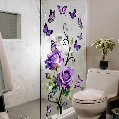 Lila Rosen Blume Rebe Schmetterling Wandaufkleber PVC Abnehmbar Selbstklebend Wohnkultur Dekore Für Schlafzimmer Wohnzimmer