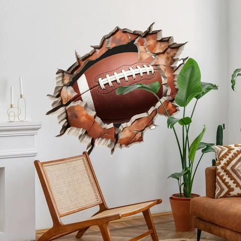 Autocollant Mural Football Américain 3D PVC Effet Mur Brisé Auto-adhésif Décoration Sport Salon Chambre