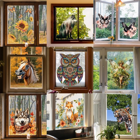 Window Stickers Decals Double Sided Visible PVC Cartoon Animal Fairy Flower Pattern For Glass Door Home Decor Artistic