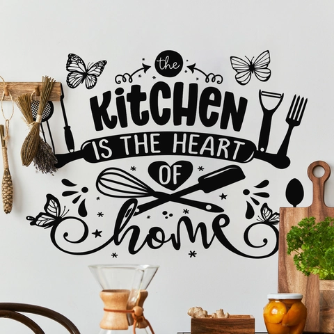 Adesivo Da Parete Cucina Vinile Autoadesivo Rimovibile Nero Slogan The Kitchen Is The Heart Of Home Citazioni