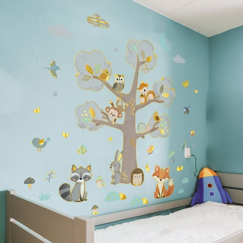 Autocollants Muraux Animaux De La Forêt Feuille D Or PVC Auto Adhésif Décoration Chambre Enfant Arbre Renard Raton Laveur