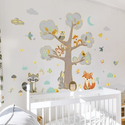 Autocollants Muraux Animaux De La Forêt Feuille D Or PVC Auto Adhésif Décoration Chambre Enfant Arbre Renard Raton Laveur