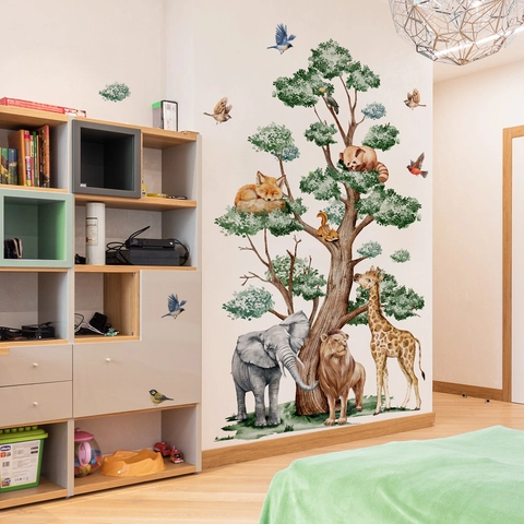 Adesivo Murale Albero Animali Giungla Acquerello Foresta Elefante Giraffa PVC Decorazione Per Cameretta Bambini