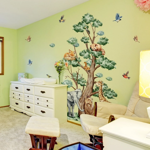 Adesivo Murale Albero Animali Giungla Acquerello Foresta Elefante Giraffa PVC Decorazione Per Cameretta Bambini