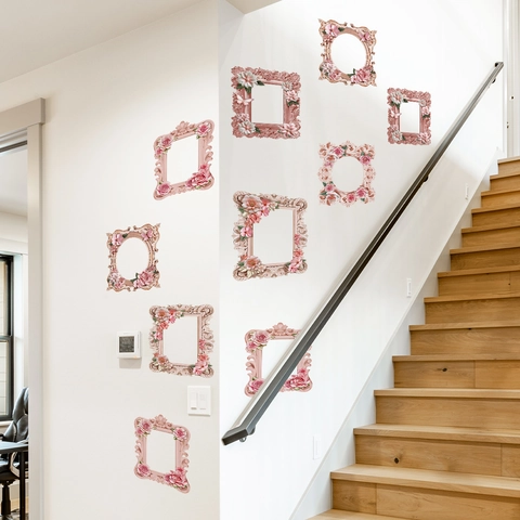Vintage European Relief Pink Flower Photo Frame Wall Stickers PVC Self Adhesive Floral Decals For Living Room Decor