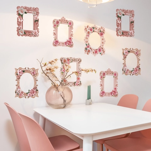 Vintage European Relief Pink Flower Photo Frame Wall Stickers PVC Self Adhesive Floral Decals For Living Room Decor