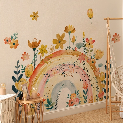 Watercolor Rainbow Floral Wall Stickers Removable PVC Bohemian Flower Vine Wall Decals For Nursery Bedroom Living Room Decor