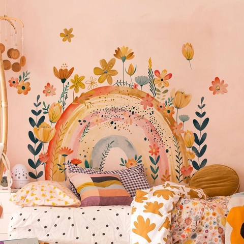 Watercolor Rainbow Floral Wall Stickers Removable PVC Bohemian Flower Vine Wall Decals For Nursery Bedroom Living Room Decor