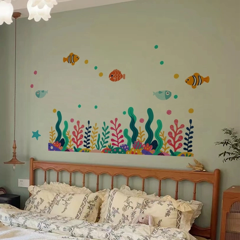 Adesivi Murali Mondo Sotterraneo Cartone Animato Impermeabile PVC Pesci Corallo Decorazione Per Camera Bambini Bagno