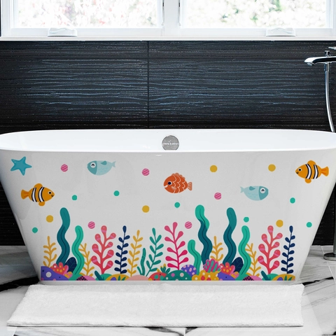 Adesivi Murali Mondo Sotterraneo Cartone Animato Impermeabile PVC Pesci Corallo Decorazione Per Camera Bambini Bagno