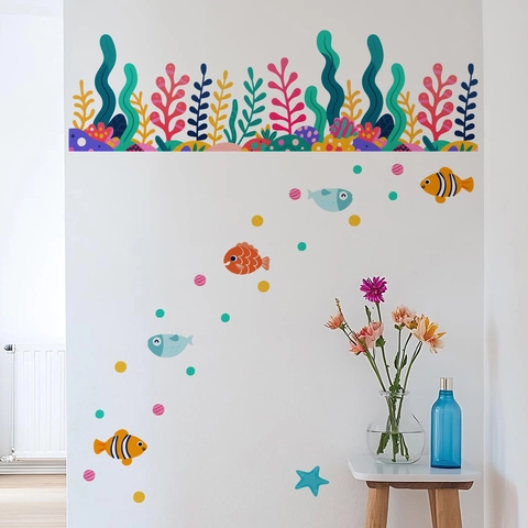 Pegatinas de Pared 3D Tema Animales y Océano PVC Impermeable Creativo Gato Pez Algas Leopardo de las Nieves Decoración Hogar