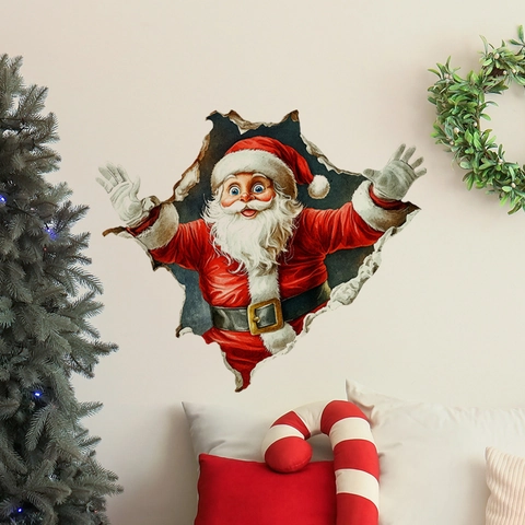 Sticker Mural 3D De Noël PVC Autocollant Père Noël Tigre Dessin Animé Décoration De Maison Festive