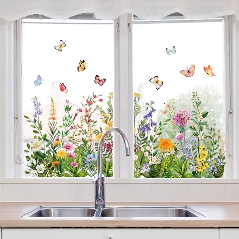 Window Clings Retro Floral Butterfly Static Cling Glass Decals Double Sided Watercolor Flower Waterproof Home Decor