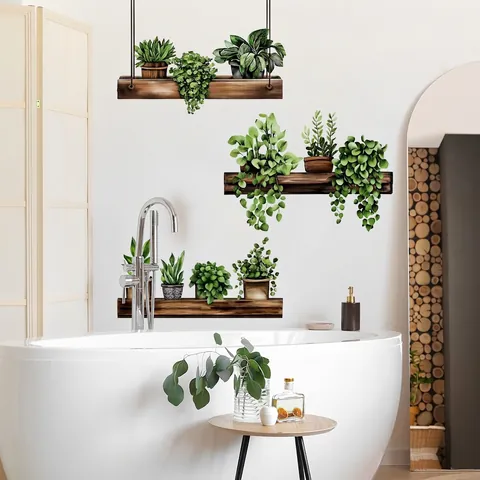 3D Potted Green Plants Shelf Wall Sticker PVC Removable Self Adhesive Decal For Living Room Bedroom Bathroom Home Decor