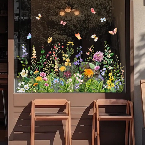 Window Clings Retro Floral Butterfly Static Cling Glass Decals Double Sided Watercolor Flower Waterproof Home Decor