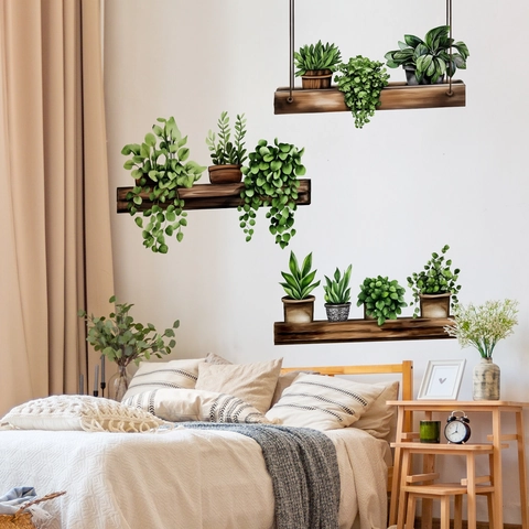 3D Potted Green Plants Shelf Wall Sticker PVC Removable Self Adhesive Decal For Living Room Bedroom Bathroom Home Decor