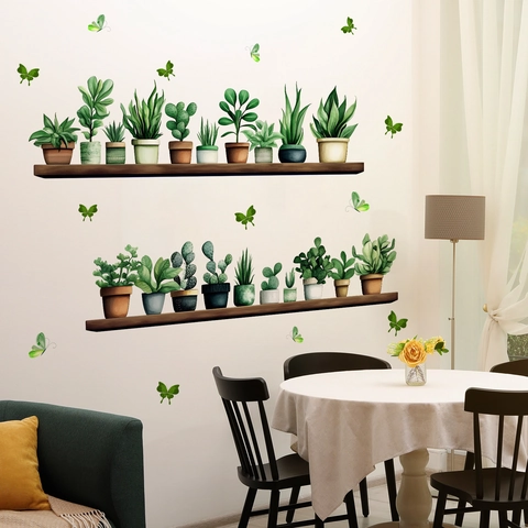 Potted Plants Shelf Wall Stickers PVC Self Adhesive Home Decor Watercolor Greenery Butterfly For Living Room Bedroom