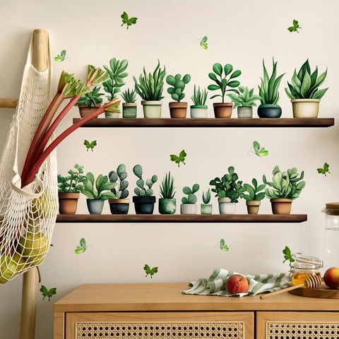 Potted Plants Shelf Wall Stickers PVC Self Adhesive Home Decor Watercolor Greenery Butterfly For Living Room Bedroom