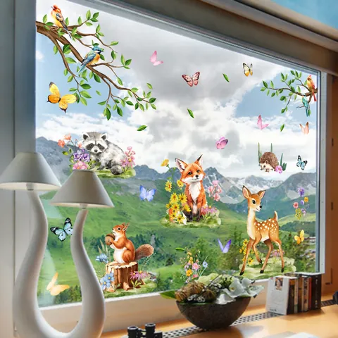Cartoon Forest Animals Static Cling Window Stickers Watercolor Fox Deer Squirrel Decals For Glass Window Kids Room Home Decor