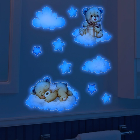 Glow In The Dark Wall Stickers Blue Luminous PVC Cartoon Bear Rabbit Rocket Space Dog Animal Decals For Bedroom Bathroom Living Room Decor