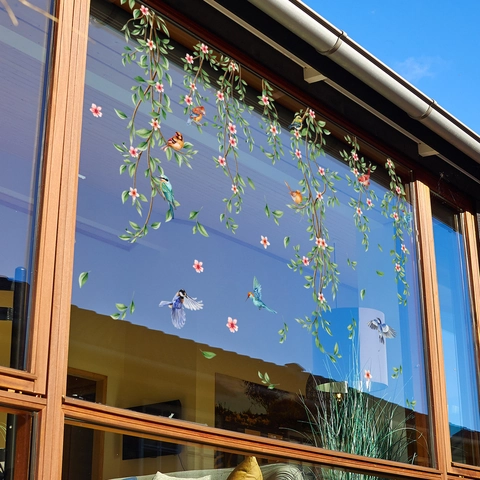 Aquarel Bloemen Takken Vogels Raamsticker Statisch PVC Glassticker Dubbelzijdige Decoratie Voor Huis Bloemen Wilg