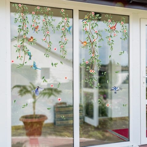Watercolor Flower Branch Bird Window Cling Static PVC Stickers Waterproof Double Sided Glass Decals For Home Living Room Bedroom Kitchen Decor