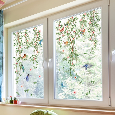 Watercolor Flower Branch Bird Window Cling Static PVC Stickers Waterproof Double Sided Glass Decals For Home Living Room Bedroom Kitchen Decor