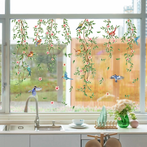 Aquarel Bloemen Takken Vogels Raamsticker Statisch PVC Glassticker Dubbelzijdige Decoratie Voor Huis Bloemen Wilg
