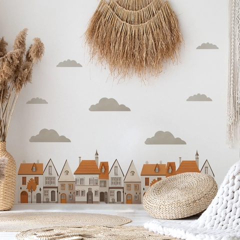 Aquarel Stadshuis Wolken Muurstickers Voor Kinderkamer Slaapkamer Verwijderbaar PVC Zelfklevend Huis Decoratie Muurstickers