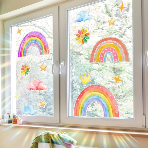 Adesivi Finestra Arcobaleno Statica PVC Acchiappasole Effetto Prisma Colorato Cartone Animato Nuvola Stella Vetro